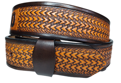 "The Wayfarer" is a handmade real leather belt made from a single strip of cowhide shoulder leather that is 8-10 oz. or approx. 1/8" thick. It has hand burnished (smoothed) edges and a Triple Arrow pattern. This belt is completely HAND dyed with a multi step finishing technic. The antique nickel plated solid brass buckle is snapped in place with heavy snaps.  This belt is made just outside Nashville in Smyrna, TN.