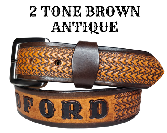 "The Wayfarer" is a handmade real leather belt made from a single strip of cowhide shoulder leather that is 8-10 oz. or approx. 1/8" thick. It has hand burnished (smoothed) edges and a Triple Arrow pattern. This belt is completely HAND dyed with a multi step finishing technic. The antique nickel plated solid brass buckle is snapped in place with heavy snaps.  This belt is made just outside Nashville in Smyrna, TN.