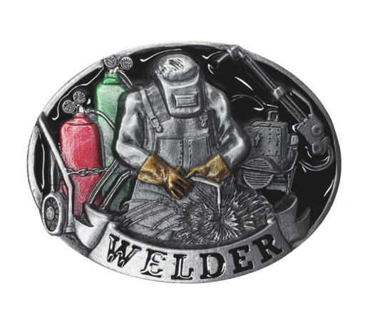 The Welders buckle part of our First Responders and Trades series we've added. Bless our men and women who build buildings and homes we live in. They get up early and go to work! A Welder is shown on a slightly oval shaped belt buckle. Pewter belt buckle that may be attached to your belt.  Fits 1 1/2" belts, Size 3-1/2" x 2-3/4. Available online and in our shop just outside Nashville in Smyrna, TN.