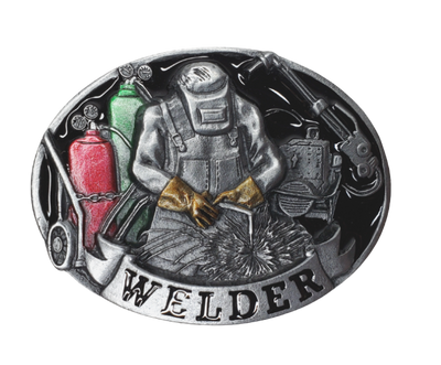 The Welders buckle part of our First Responders and Trades series we've added. Bless our men and women who build buildings and homes we live in. They get up early and go to work! A Welder is shown on a slightly oval shaped belt buckle. Pewter belt buckle that may be attached to your belt.  Fits 1 1/2" belts, Size 3-1/2" x 2-3/4. Available online and in our shop just outside Nashville in Smyrna, TN.