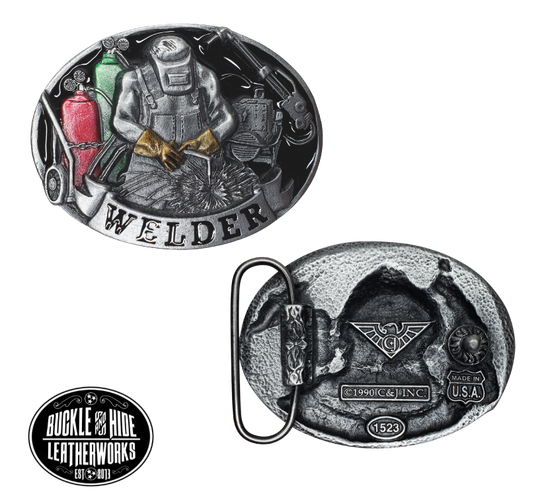The Welders buckle part of our First Responders and Trades series we've added. Bless our men and women who build buildings and homes we live in. They get up early and go to work! A Welder is shown on a slightly oval shaped belt buckle. Pewter belt buckle that may be attached to your belt.  Fits 1 1/2" belts, Size 3-1/2" x 2-3/4. Available online and in our shop just outside Nashville in Smyrna, TN.