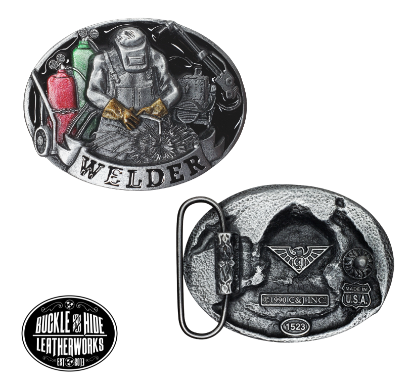 The Welders buckle part of our First Responders and Trades series we've added. Bless our men and women who build buildings and homes we live in. They get up early and go to work! A Welder is shown on a slightly oval shaped belt buckle. Pewter belt buckle that may be attached to your belt.  Fits 1 1/2" belts, Size 3-1/2" x 2-3/4. Available online and in our shop just outside Nashville in Smyrna, TN.