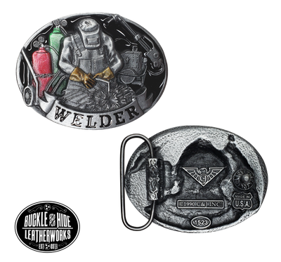 The Welders buckle part of our First Responders and Trades series we've added. Bless our men and women who build buildings and homes we live in. They get up early and go to work! A Welder is shown on a slightly oval shaped belt buckle. Pewter belt buckle that may be attached to your belt.  Fits 1 1/2" belts, Size 3-1/2" x 2-3/4. Available online and in our shop just outside Nashville in Smyrna, TN.