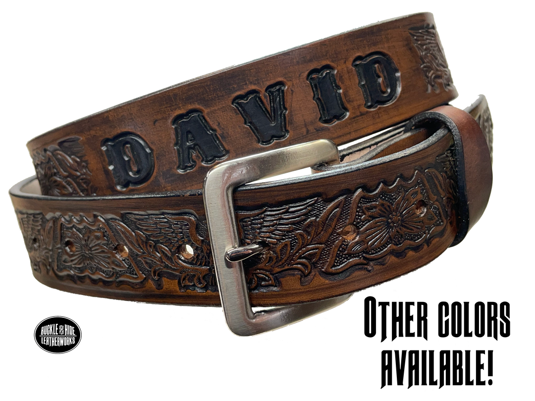 Our Patriot" Name Leather Belt is Full grain American vegetable tanned cowhide approx. 1/8"thick.&nbsp;Width 1 1/2" and includes Antique Nickle plated Solid Brass buckle. Hand Finished with Smooth burnished painted edges. Choose with or without name, if without name, design will cover entire length of belt. For name Type name desired on belt in "Type Name Here" section, no more than 10 letters maximum. Buckle snaps in place for easy changing if desired. Made in our Smyrna, TN, USA shop.