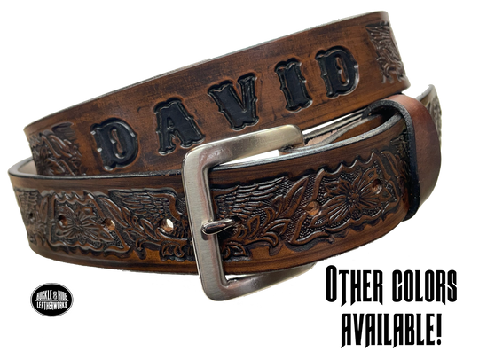 Our Patriot" Name Leather Belt is Full grain American vegetable tanned cowhide approx. 1/8"thick.&nbsp;Width 1 1/2" and includes Antique Nickle plated Solid Brass buckle. Hand Finished with Smooth burnished painted edges. Choose with or without name, if without name, design will cover entire length of belt. For name Type name desired on belt in "Type Name Here" section, no more than 10 letters maximum. Buckle snaps in place for easy changing if desired. Made in our Smyrna, TN, USA shop.