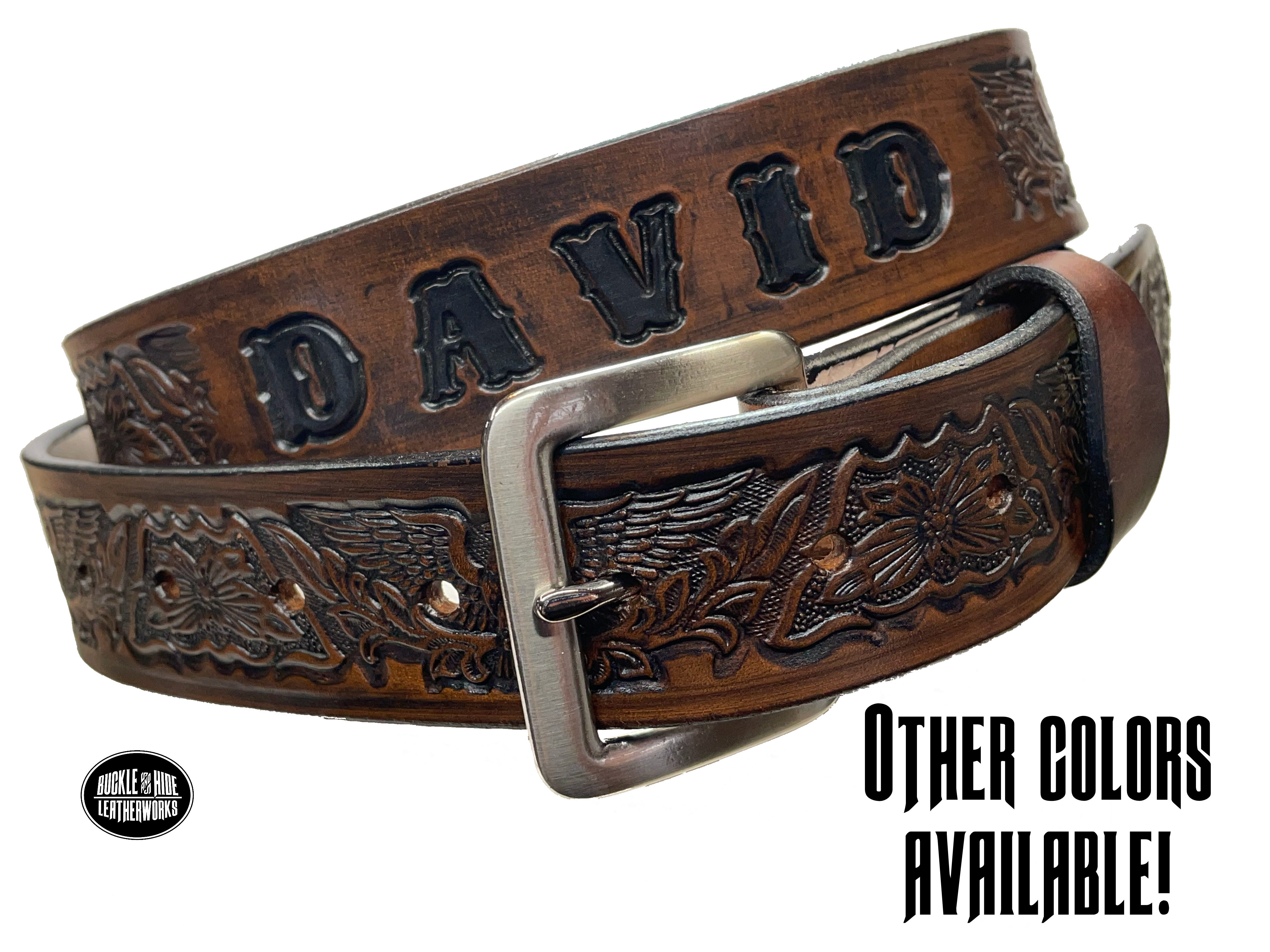 Our Patriot" Name Leather Belt is Full grain American vegetable tanned cowhide approx. 1/8"thick.&nbsp;Width 1 1/2" and includes Antique Nickle plated Solid Brass buckle. Hand Finished with Smooth burnished painted edges. Choose with or without name, if without name, design will cover entire length of belt. For name Type name desired on belt in "Type Name Here" section, no more than 10 letters maximum. Buckle snaps in place for easy changing if desired. Made in our Smyrna, TN, USA shop.