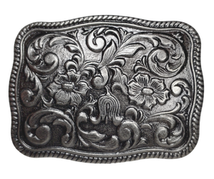 This stylish Western Scroll Belt Buckle is the perfect accessory. Featuring an elegant antique silver western floral pattern, this buckle is sure to elevate any outfit. This belt buckle that may be attached to your belt.  It has a oval shape that Fits 1 1/2" belts, Size approx. 3-1/2" x 2-3/4. Available in our shop just outside Nashville in Smyrna, TN.