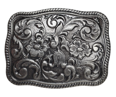 This stylish Western Scroll Belt Buckle is the perfect accessory. Featuring an elegant antique silver western floral pattern, this buckle is sure to elevate any outfit. This belt buckle that may be attached to your belt.  It has a oval shape that Fits 1 1/2" belts, Size approx. 3-1/2" x 2-3/4. Available in our shop just outside Nashville in Smyrna, TN.