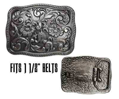 This stylish Western Scroll Belt Buckle is the perfect accessory. Featuring an elegant antique silver western floral pattern, this buckle is sure to elevate any outfit. This belt buckle that may be attached to your belt.  It has a oval shape that Fits 1 1/2" belts, Size approx. 3-1/2" x 2-3/4. Available in our shop just outside Nashville in Smyrna, TN.