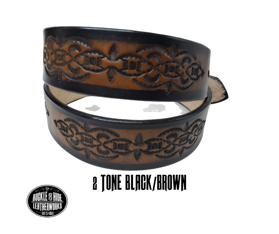 The Williamson handmade all leather belt is made from a single strip of Veg-Tan cowhide that is a hand finished Veg-tan that is 9-10 oz., or approx. 1/8" thick and is 1 1/2" thick. It has an Vintage style embossed design that is never out of style!  The antique nickel plated solid brass buckle is snapped in place. This belt is made just outside Nashville in Smyrna, TN. Perfect for casual and dress wear, it can be for personal use or for groomsman gifts or other gifts as well. 