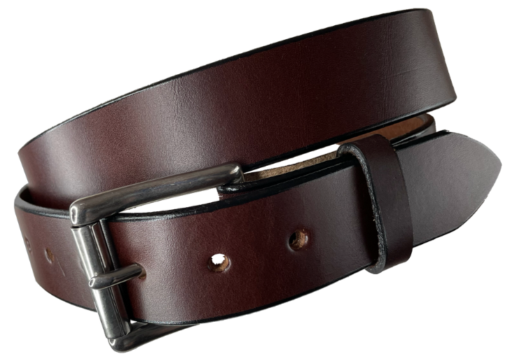 Our handmade, solid, single strip of English Bridle cowhide leather is approx. 1/8" thick and is 1 1/2" wide. Just like our Yuma Extra Wide belt but not as thick perfect for your casual jeans or khaki's. Antique buckle snaps in place for buckle changing, if desired. Edges are smoothed and painted. Surface has a satin finish in your choice of black or brown. Made in Smyrna, TN, just outside of Nashville.