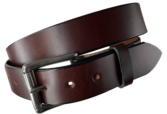 Our handmade, solid, single strip of English Bridle cowhide leather is approx. 1/8" thick and is 1 1/2" wide. Just like our Yuma Extra Wide belt but not as thick perfect for your casual jeans or khaki's. Antique buckle snaps in place for buckle changing, if desired. Edges are smoothed and painted. Surface has a satin finish in your choice of black or brown. Made in Smyrna, TN, just outside of Nashville.