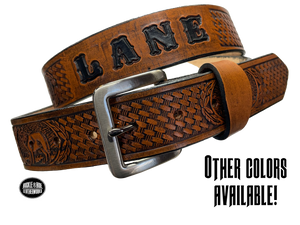 Are you a "Lone Wolf"? Let the world know with this Veg tan leather belt, just over 1/8 thick and complete with an optional name feature. Complete with snaps for easy buckle change. Be proud of your individualism and make a statement with this belt, made in the small town of Smyrna, TN, just outside of Nashville.