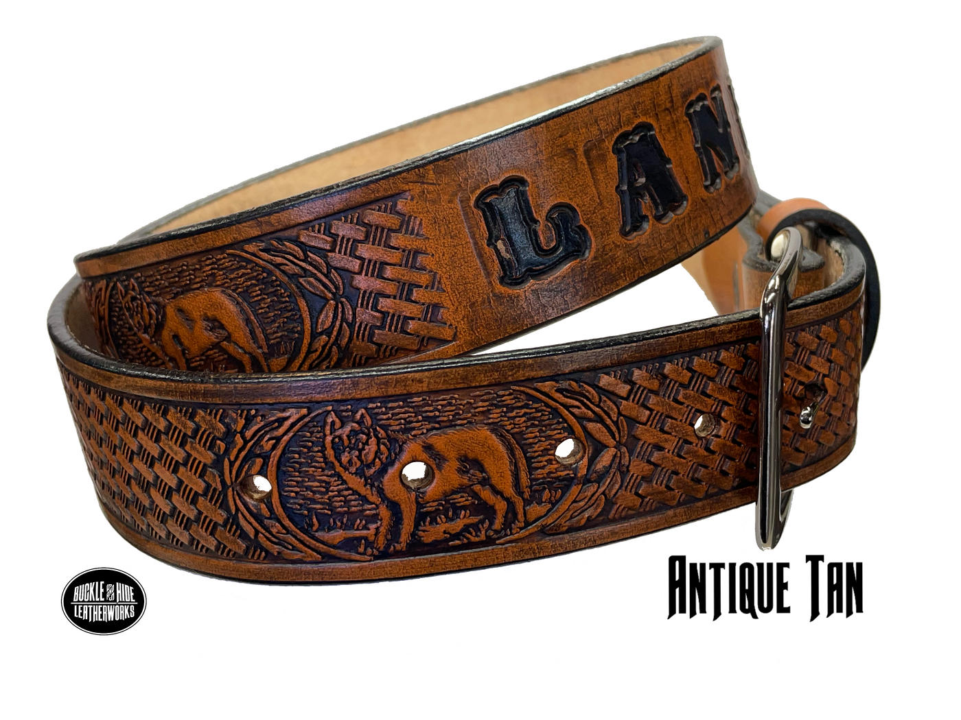 Full grain American vegetable tanned cowhide approx. 1/8"thick. Width 1 1/2" and includes Antique Nickle plated Solid Brass buckle Hand Finished in 3 color options Smooth burnished painted edges Choose with or without name, if without name, design will cover entire length of belt For name Type name desired on belt in "Type Name Here" section, no more than 8 letters maximum Buckle snaps in place for easy changing if desired Made in our Smyrna, TN, USA shop Belt Sizing Instructions