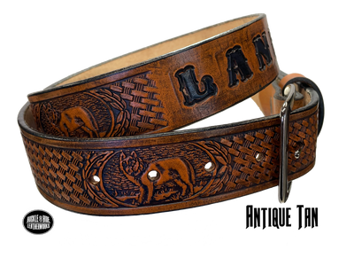 Are you a "Lone Wolf"? Let the world know with this Veg tan leather belt, just over 1/8 thick and complete with an optional name feature. Complete with snaps for easy buckle change. Be proud of your individualism and make a statement with this belt, made in the small town of Smyrna, TN, just outside of Nashville.