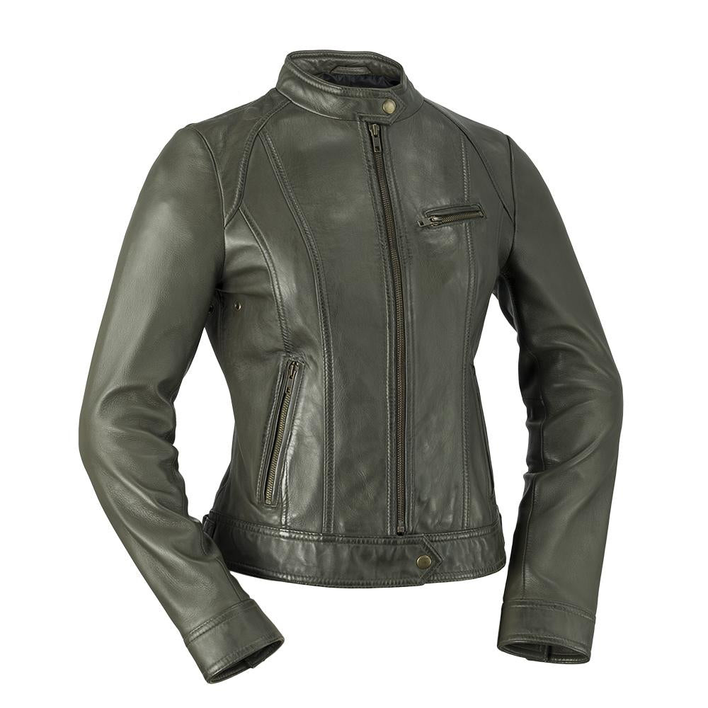 This classic cut genuine leather jacket is perfect for any occasion, from the Whet Blu line.  Dyed Leather. Zipper front. Long sleeves with adjustable snap cuffs. Wind resistant shell. Three outside pockets. Two inside pockets. Designed to hit just below the waist. Lightweight. Lining is polyester. dry clean. Imported. Available in sizes XS-5X, online only. Colors: army green, night blue, whiskey, black and oxblood, army green pictured