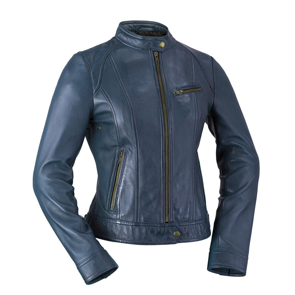 This classic cut genuine leather jacket is perfect for any occasion, from the Whet Blu line.  Dyed Leather. Zipper front. Long sleeves with adjustable snap cuffs. Wind resistant shell. Three outside pockets. Two inside pockets. Designed to hit just below the waist. Lightweight. Lining is polyester. dry clean. Imported. Available in sizes XS-5X, online only. Colors: army green, night blue, whiskey, black and oxblood, night blue pictured