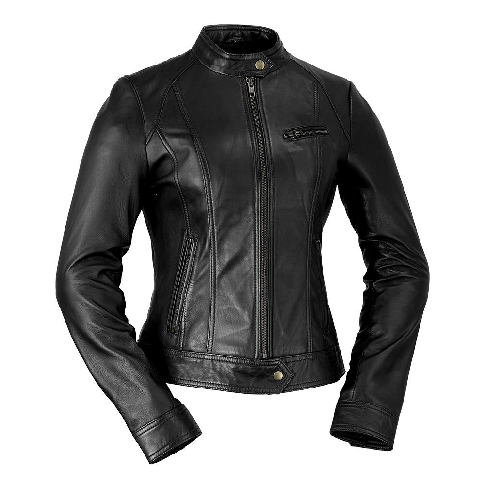 This classic cut genuine leather jacket is perfect for any occasion, from the Whet Blu line.  Dyed Leather. Zipper front. Long sleeves with adjustable snap cuffs. Wind resistant shell. Three outside pockets. Two inside pockets. Designed to hit just below the waist. Lightweight. Lining is polyester. dry clean. Imported. Available in sizes XS-5X, online only. Colors: army green, night blue, whiskey, black and oxblood, black pictured