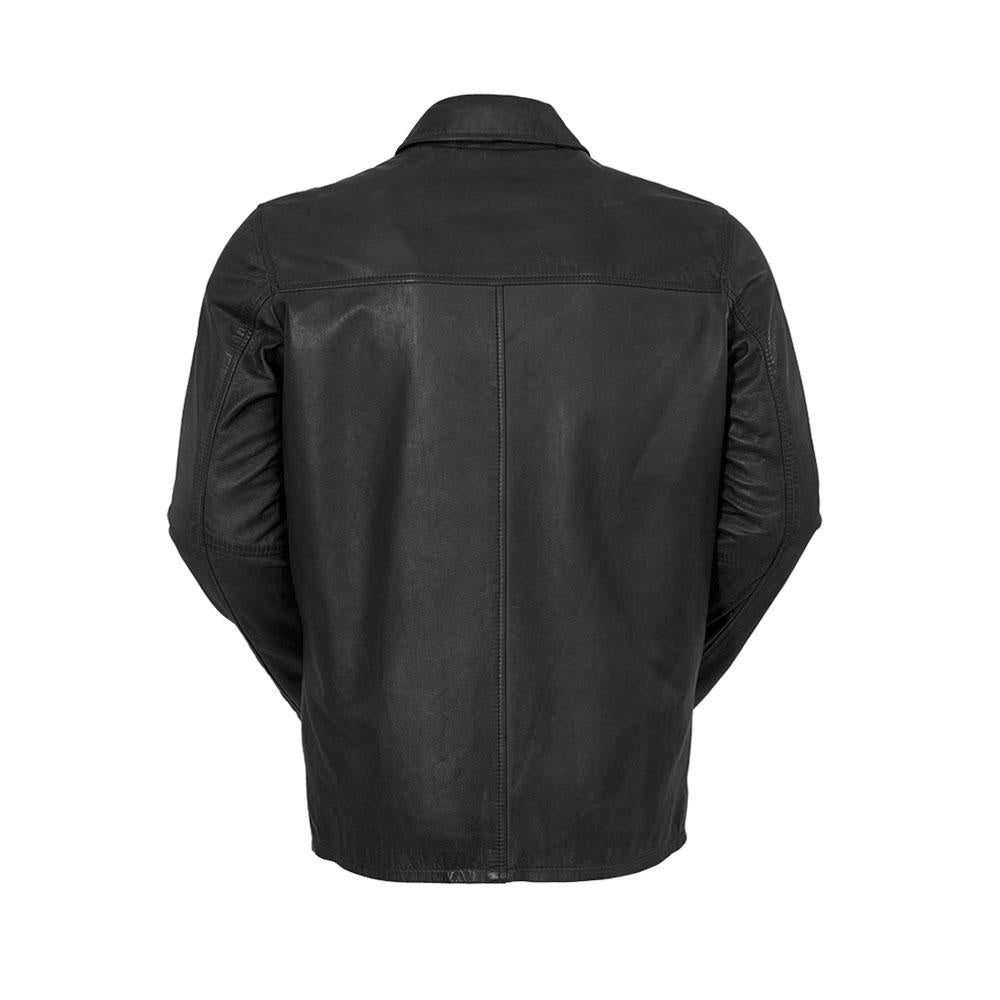 This fashion leather men's jacket from Whet Blu is a wardrobe staple. A sleek and simple zipped blazer with folded collar perfect for a casual day or an evening out. Naked cowhide leather. Classic fit. Full zip out liner. Two hand pockets. Clean by leather specialist. Lifetime Warranty on Hardware. Available in black and whiskey. Sizes S-5X. Online only. back view