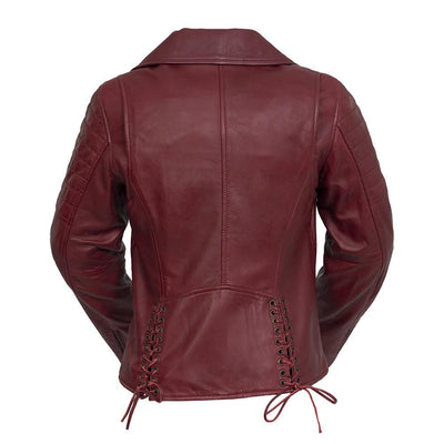 A classic rocker style jacket made from lambskin leather from Whet Blu.  Classic fit. Zip sleeves. Fully lined. One chest pocket. Two hand pockets. Lifetime Warranty on Hardware. Clean by leather specialist. Imported. Available in Black and Oxblood. Sizes XS-5X. Online Only, back of jacket pictured