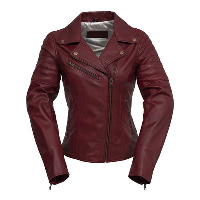 A classic rocker style jacket made from lambskin leather from Whet Blu.  Classic fit. Zip sleeves. Fully lined. One chest pocket. Two hand pockets. Lifetime Warranty on Hardware. Clean by leather specialist. Imported. Available in Black and Oxblood. Sizes XS-5X. Online Only, front of oxblood jacket pictured