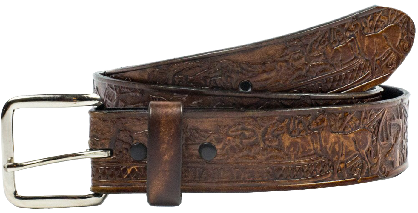 This USA made veg-tan leather belt is approx. 1/8" thick, 1 1/2"width with no fillers to split or rip apart. The belt features a Deer Scene around the entire belt. The leather is comfortable from day one   Buckle is snapped on for easy buckle change. We don't make this belt but it's Buckle and Hide approved and still made in the USA. Be very sure of your size since it is NON returnable since we custom size each one, see below instructions. front view