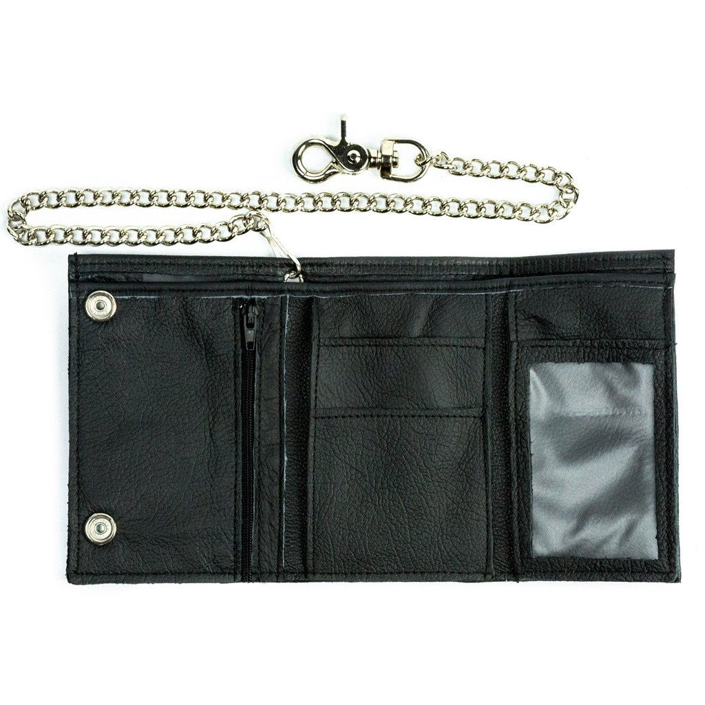 It's SOFT Cowhide LEATHER that's close to a standard tri-fold size! 2 card slots in the middle with an I.D. slot on the other side. 2 underneath slots, 1 larger cash slot for all your important stash, and 1 zip pocket for the coins. An 18" chrome plated chain is attached to the back of the wallet. Standard long tri-fold size. Size is approx. 5.75"x 3.5" when snapped closed. Like most wallets over stuffing will limit the time of use. Made in USA.