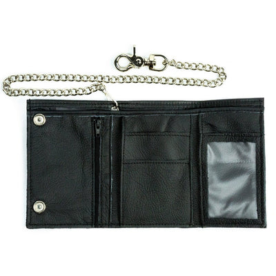 It's SOFT Cowhide LEATHER that's close to a standard tri-fold size! 2 card slots in the middle with an I.D. slot on the other side. 2 underneath slots, 1 larger cash slot for all your important stash, and 1 zip pocket for the coins. An 18" chrome plated chain is attached to the back of the wallet. Standard long tri-fold size. Size is approx. 5.75"x 3.5" when snapped closed. Like most wallets over stuffing will limit the time of use. Made in USA.