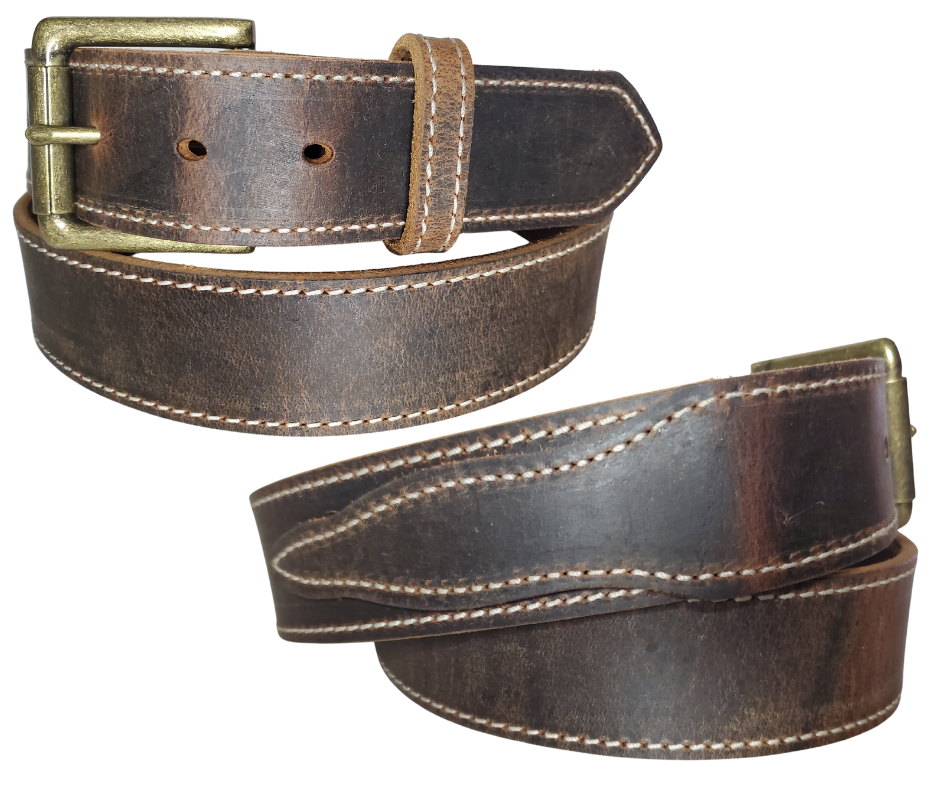"The Chisholm Trail" is a real leather belt made from a single thick parts of cowhide shoulder leather that is 8-10 oz. or approx. 1/8" thick. It is assembled in 3 main sections 2 billets or end parts and the main center section.  The buckle is antique nickel plated and is snapped in place for easy buckle change.  This belt is stocked in our shop in Smyrna, TN just outside Nashville.
