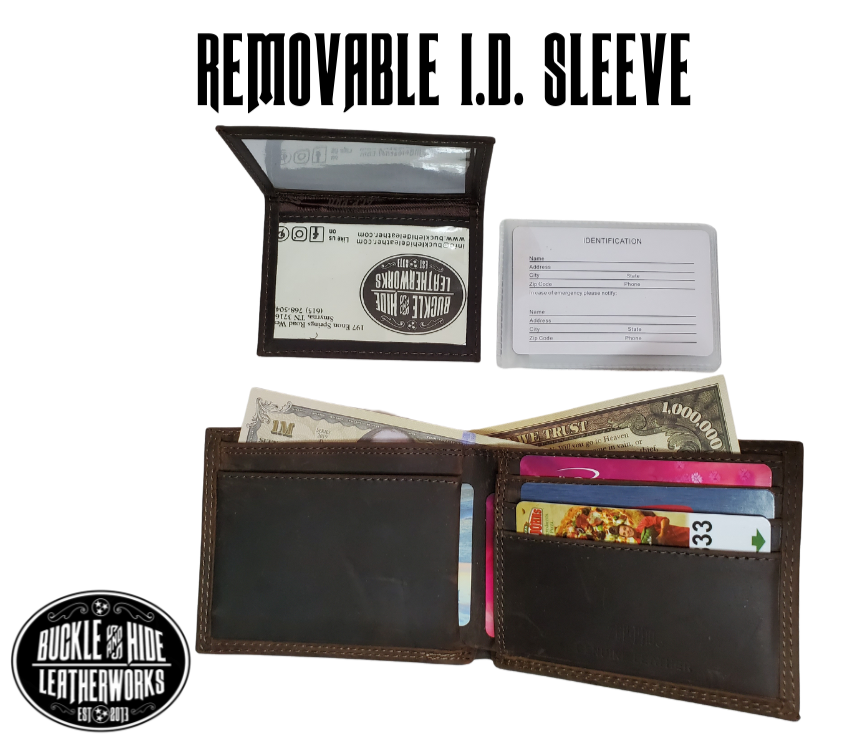 Distressed Brown bi-fold wallet with a Antique nickel oval concho with your choice of a Buck, Bass, or a Mallard duck Features... 2 large cash pockets, 3 card slots, 2 pockets under the card pockets, 2 slot I.D. holder that is "removeable" (see pic), also includes a clear card/picture sleeve  Ships in Tin gift box See our other wallets with your favorite College Sports teams