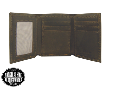 Distressed Brown tri-fold wallet with a Antique nickel oval concho with your choice of your favorite team Features... 2 large cash pockets, 6 card slots, 2 pockets under the card pockets, 1 I.D. slot, 1 Clear ID/picture/card holder Ships in Tin gift box See our other wallets with your favorite College Sports teams Imported Sold online or in our shop in Smyrna, TN, just outside of Nashville