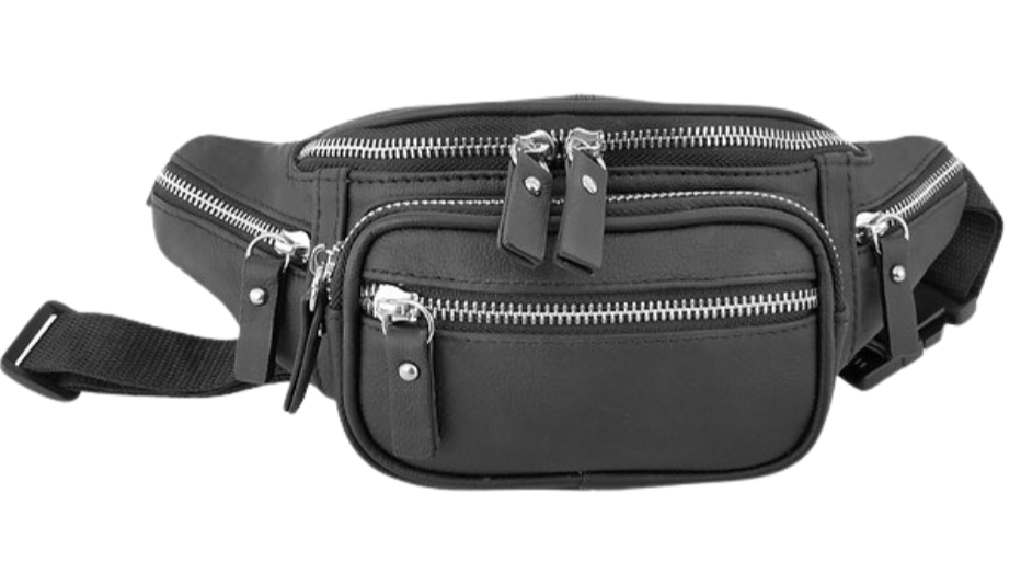 Genuine cowhide leather, Compact fanny pack, Chrome zipper teeth, Spacious main compartment Front side has 2 pockets, 2 exterior side pockets for small change, Backside has a horizontal pocket, Nylon waist strap expands up to 50"All of the zipper pulls are made of leather to give it a classic and perfect finish. Size: 12”x 4½”x 3”