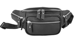 Genuine cowhide leather, Compact fanny pack, Chrome zipper teeth, Spacious main compartment Front side has 2 pockets, 2 exterior side pockets for small change, Backside has a horizontal pocket, Nylon waist strap expands up to 50"All of the zipper pulls are made of leather to give it a classic and perfect finish. Size: 12”x 4½”x 3”