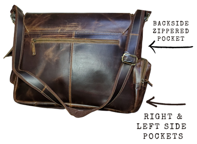 A full sized distressed leather briefcase. Interior has pocket for a laptop, a zippered and 2 open top pockets big enough for most phones. The outside has a zippered pocket on the back and 2 zippered outside pockets and a zippered pocket on and under the flap. The strap is webbing with matching leather stitched on. Available also in our Smyrna ,TN shop just outside Nashville. Product made in India.  approx. dimensions: 14" tall x14" wide x 6" thick