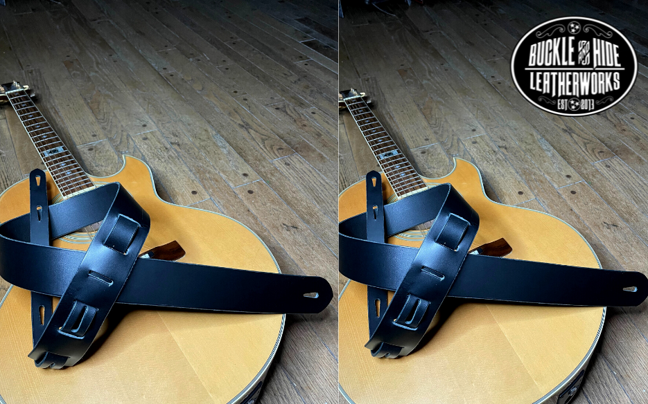Nothing is more classic than Solid Black. "The CASH" Guitar Strap is just that it's made from 1/8" thick drum dyed vegetable tanned cow hide and has a smooth, glossy finish.  The main strap is made from a single strip of leather with beveled and painted edges.  Choose a 2" or 2 1/2" wide strap with a classic adjustment style. Made just outside Nashville in Smyrna, TN.