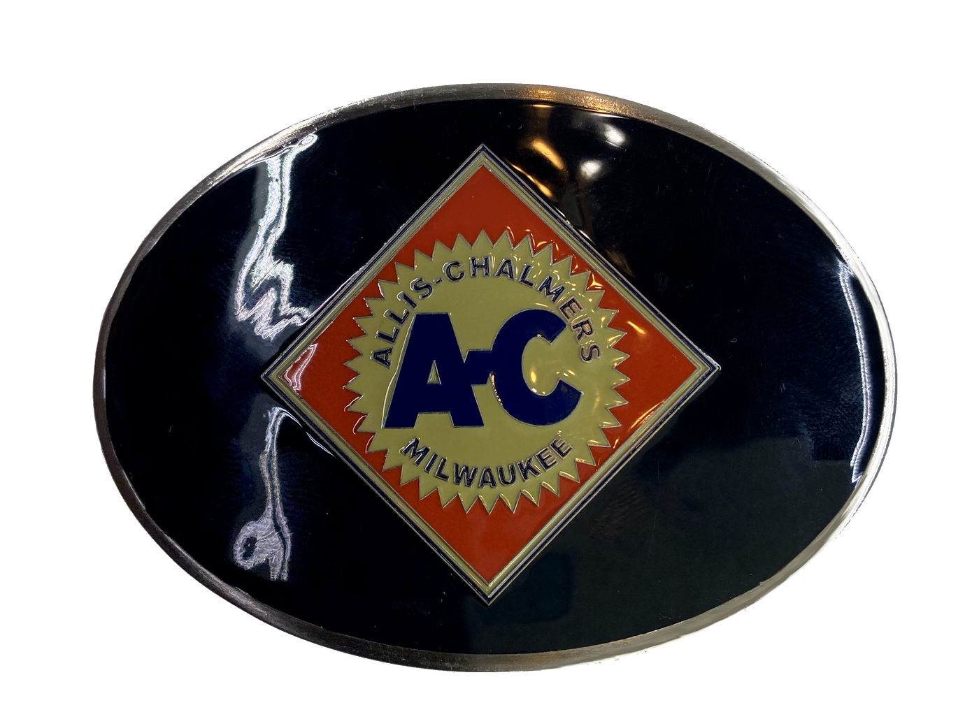 Fully Licensed Black Allis Chalmers Belt Buckle, oval shaped with classic logo in Orange and Beige. Size 3 3/4" wide x 2 3/4" height, Fits up to 1 1/2" wide belts. Available in our shop in Smyrna, TN just outside Nashville as well as from this online store.