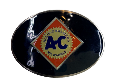 Fully Licensed Black Allis Chalmers Belt Buckle, oval shaped with classic logo in Orange and Beige. Size 3 3/4" wide x 2 3/4" height, Fits up to 1 1/2" wide belts. Available in our shop in Smyrna, TN just outside Nashville as well as from this online store.