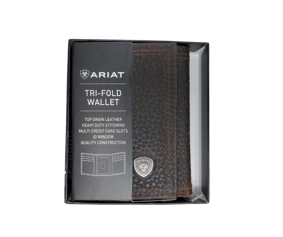 Ariat Trifold Wallet Oil tanned dark copper leather and Ariat brand concho. Inside features a clear ID slot, 6 credit card slots, 2 underneath slots, and money slots. Folded dimensions are approx. 3" by 4"
