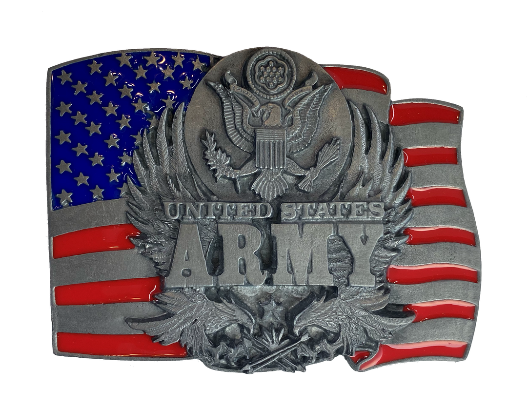 Support our Armed forces with these Licensed Military Belt Buckles. We have Army and Air Force.&nbsp; Great as a gift or for yourself. Fits up to 1 1 /2" belts. Size is approx. 2 1/2" tall by 3 1/2" wide. Buckle is pewter with red and blue painted colors. Available in our online and retail shop, located in Smyrna, TN, just outside Nashville.