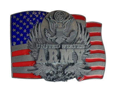 Support our Armed forces with these Licensed Military Belt Buckles. We stock all four branches Marines, Army, Air Force, Navy. Great as a gift or for yourself. Fits up 1 /2" belts. Size is approx. 2 1/2" tall by 3 1/2" wide. Buckle is pewter with red and blue painted colors. Available in our online and retail shop, located in Smyrna, TN, just outside Nashville.