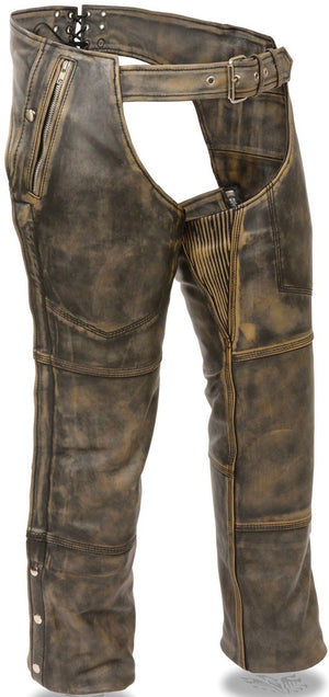 These premium distressed brown leather riding chaps are made from soft, milled naked cowhide leather. They have 2 deep jean style pockets on either side , one with zipper closure and one with snap closure. Snap out liner for changes in weather. There is a stretch panel along inner thigh to help with fit. Heavy side zippers run from hip to just below the knee, snaps run remaining length of leg.  Available in our shop in Smyrna, TN, just outside Nashville.