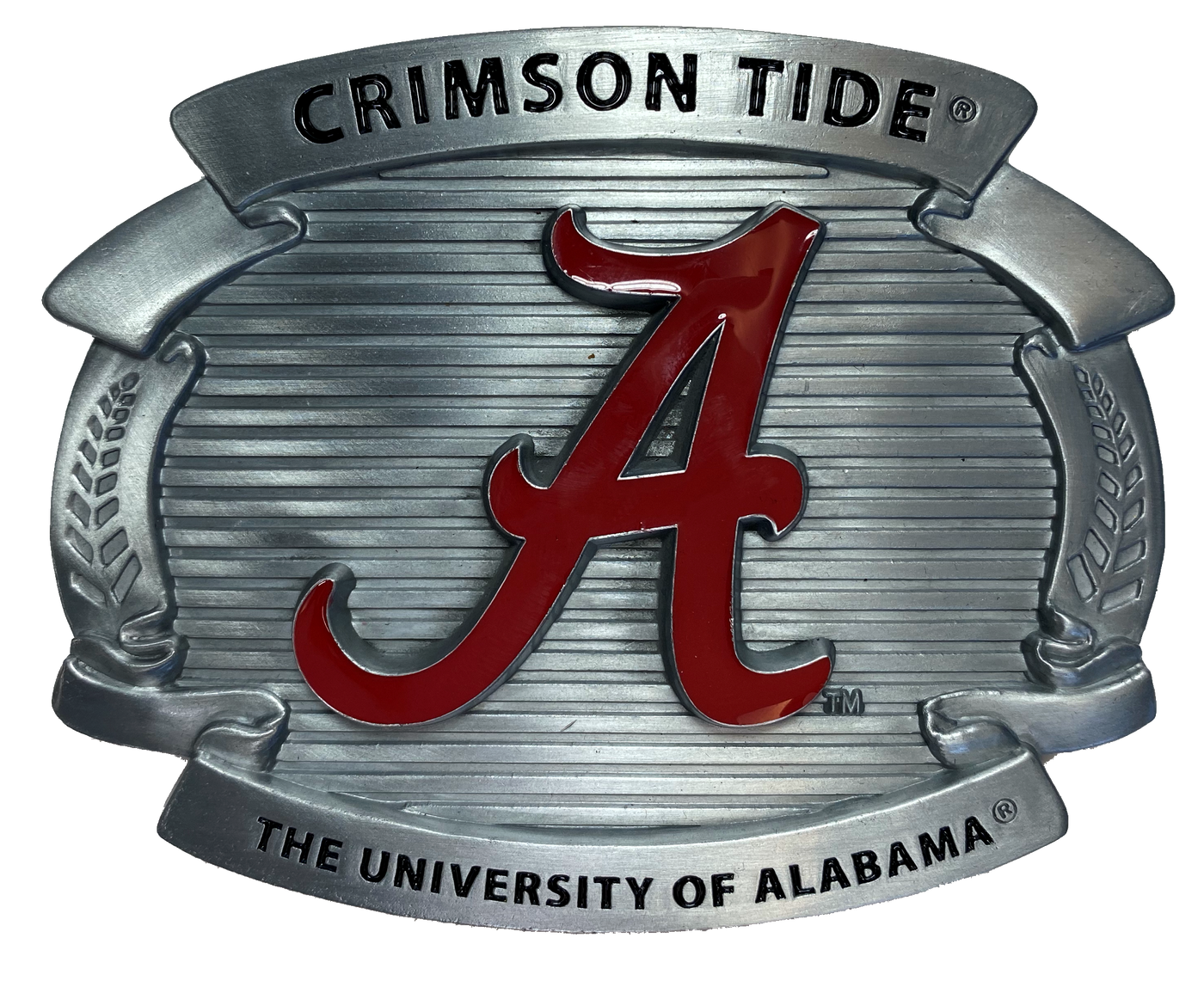 Show everyone you are a SEC BAMA fan! Pewter with epoxy filled red "A" logo symbol of the University of Alabama, A slightly oversized for the super fan! Fits any of our 1 1/2" belts.