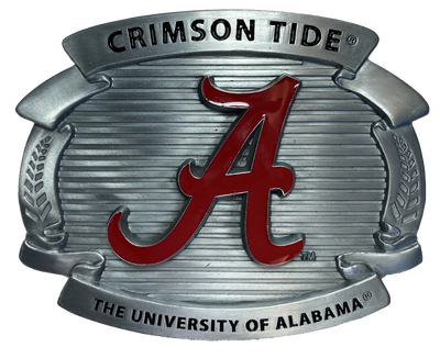 Show everyone you are a SEC BAMA fan! Pewter with epoxy filled red "A" logo symbol of the University of Alabama, A slightly oversized for the super fan! Fits any of our 1 1/2" belts.