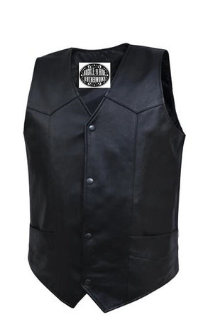 Black leather motorcycle riding vest with snap front closure. Made from lighter weight cowhide. Includes conceal carry pockets inside front on both sides. This vest has solid sides without lace and a 3 panel back. Available for purchase in our leather shop in Smyrna, TN, near Nashville. 