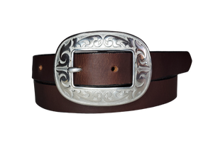 Our ladies 1" wide Chocolate Brown water buffalo leather belt with snaps to easily change out buckle. Features a smoothed black burnished and a oval shaped Stainless steel buckle with Western floral pattern around it's oval shape. The buckle size is 3" across x 2 1/4" tall. This belt has a softer feel than some of our Name style belts but still durable. Available online or for purchase at our shop just outside Nashville in Smyrna, TN.