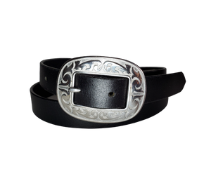 Our ladies 1" wide Solid Black water buffalo leather belt with snaps to easily change out buckle. Features a smoothed black burnished and a oval shaped Stainless steel buckle with Western floral pattern around it's oval shape. The buckle size is 3" across x 2 1/4" tall. This belt has a softer feel than some of our Name style belts but still durable. Available online or for purchase at our shop just outside Nashville in Smyrna, TN.