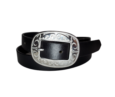 Our ladies 1" wide Solid Black water buffalo leather belt with snaps to easily change out buckle. Features a smoothed black burnished and a oval shaped Stainless steel buckle with Western floral pattern around it's oval shape. The buckle size is 3" across x 2 1/4" tall. This belt has a softer feel than some of our Name style belts but still durable. Available online or for purchase at our shop just outside Nashville in Smyrna, TN.