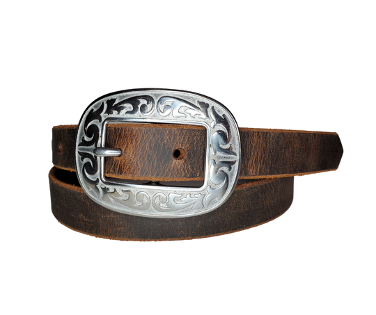 Our ladies 1" wide Distressed Brown water buffalo leather belt with snaps to easily change out buckle. Features a smoothed black burnished and a oval shaped Stainless steel buckle with Western floral pattern around it's oval shape. The buckle size is 3" across x 2 1/4" tall. This belt has a softer feel than some of our Name style belts but still durable. Available online or for purchase at our shop just outside Nashville in Smyrna, TN.