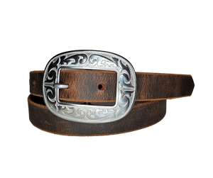 Our ladies 1" wide Distressed Brown water buffalo leather belt with snaps to easily change out buckle. Features a smoothed black burnished and a oval shaped Stainless steel buckle with Western floral pattern around it's oval shape. The buckle size is 3" across x 2 1/4" tall. This belt has a softer feel than some of our Name style belts but still durable. Available online or for purchase at our shop just outside Nashville in Smyrna, TN.