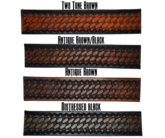 "The Rosco" Basket Weave Leather belt is made from Veg-Tan shoulder cow leather. It is 9-10 oz. or approximately 1/8" thick and is 1 1/2" wide. It has smoothed and finished edges and basket weave design is embossed on surface. Choose from 5 color options. The antique nickel plated solid brass buckle snaps in place. Made in our shop just outside Nashville in Smyrna, TN.